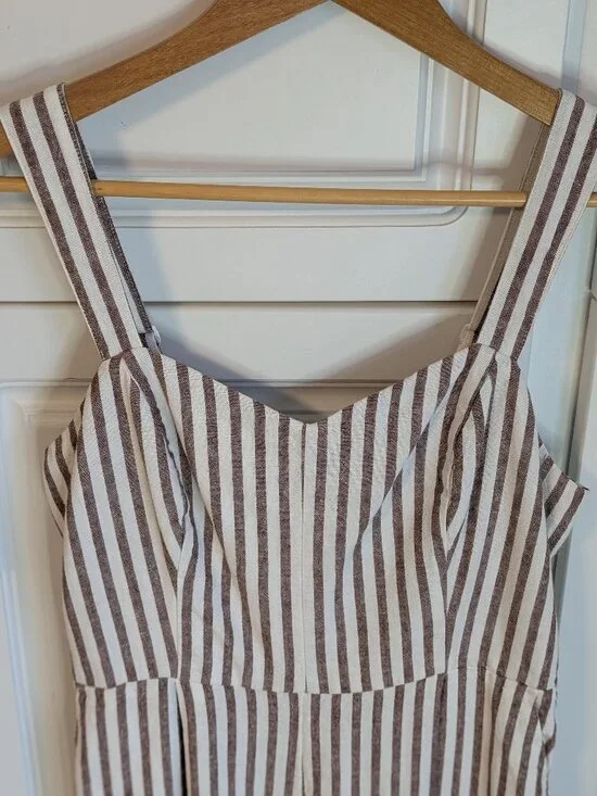 Linen Blend Striped Wide Leg Jumpsuit Smocked Back Coastal Fit & Flare M - Picture 4 of 13